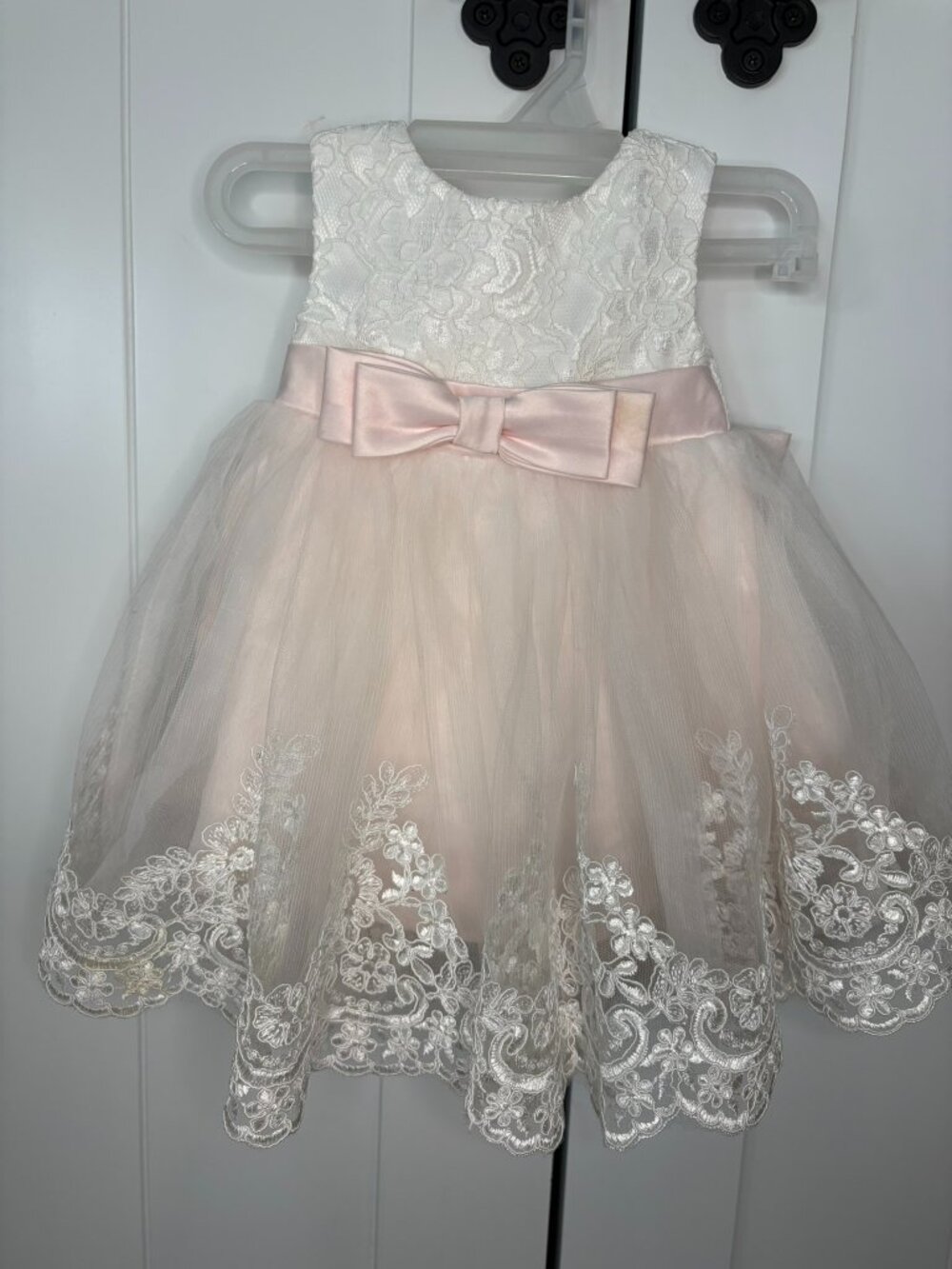 Bow Dream Dress w/ Lace,Pale pink bow and lining, 0-3 months,